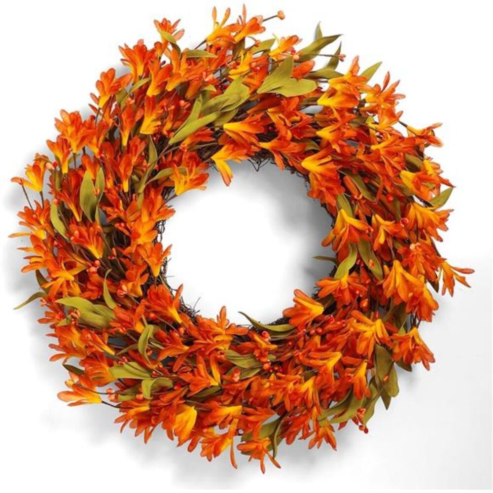 New 22" Fall Wreath - Orange Forsythia & Berries for‎ Home Indoor/Outdoor Decor